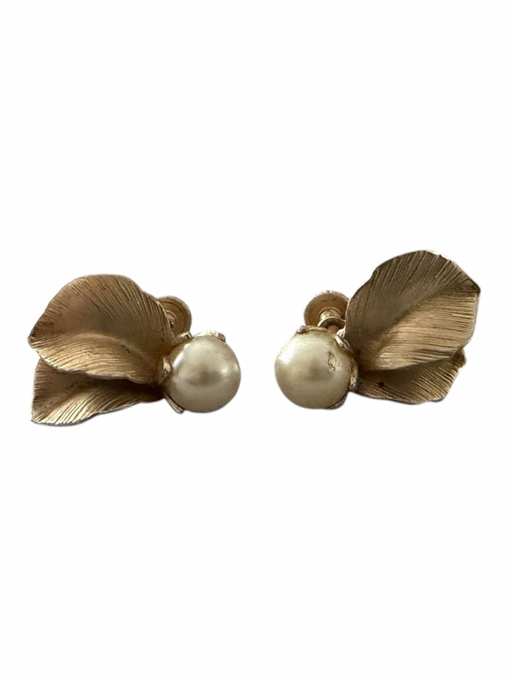 Vintage Gold Tone Leaf & Faux Pearl Screwback Earrings | Mid-Century Botanical